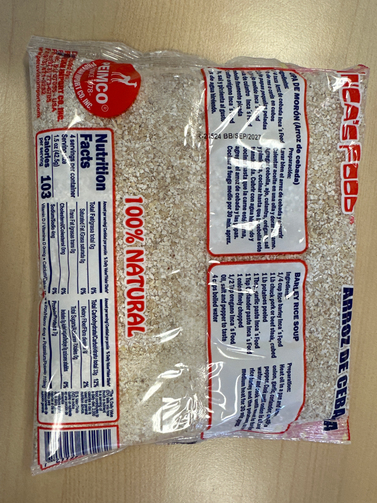 Moron Rice inca’s food, MORÓN ARROZ DE CEBADA (Barley Rice) 15oz/425g